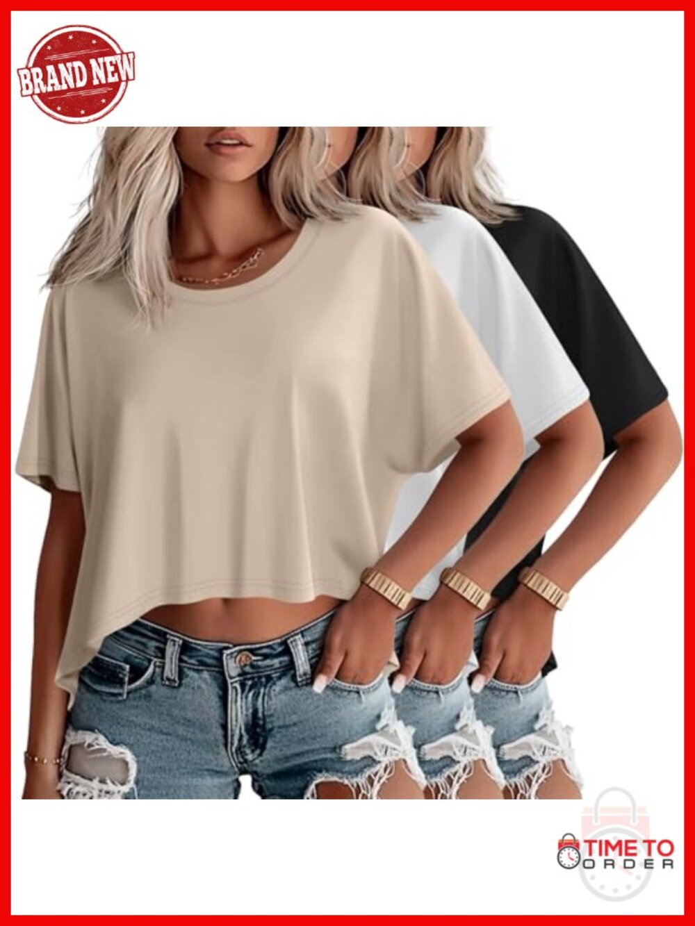 Oversized Cropped T-Shirts 3 Pack Crew Neck Flowy Loose Workout Tops